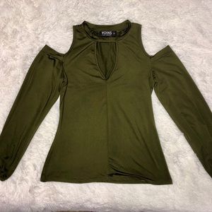 Army green cold shoulder open chest long sleeve
